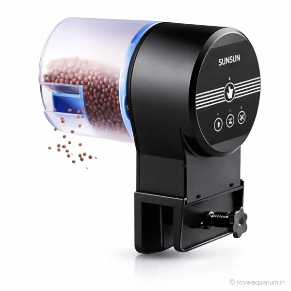 SUNSUN automatic aquarium fish feeder dispensing pellets into fish tank, compact electric feeder for scheduled feeding