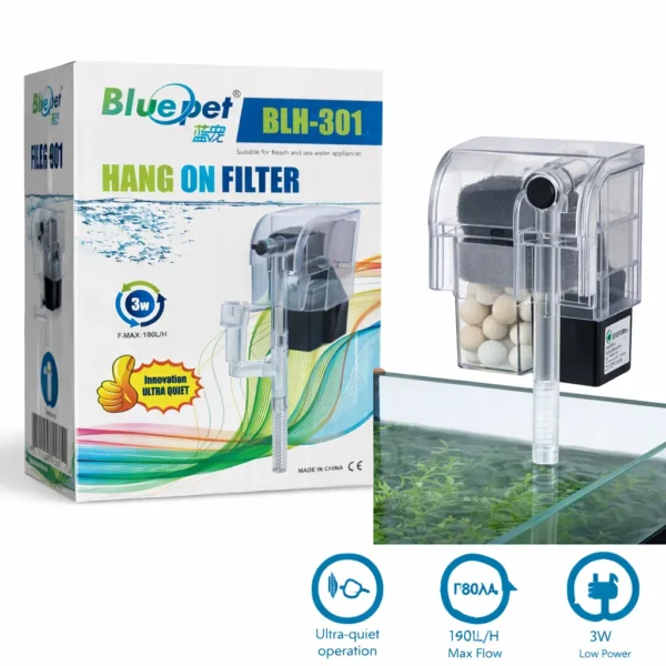 Blue Pet BLH-301, mini aquarium filter, 3W fish tank filter, hang-on back filter, 180L/H aquarium filter, surface skimmer filter, quiet aquarium filter, small fish tank filter, freshwater tank filter, oil film remover, auto restart filter