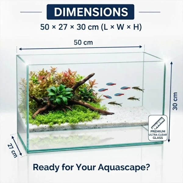 Ultra Clear Glass Fish Tank 50x27x30 cm | Modern Rimless Aquarium